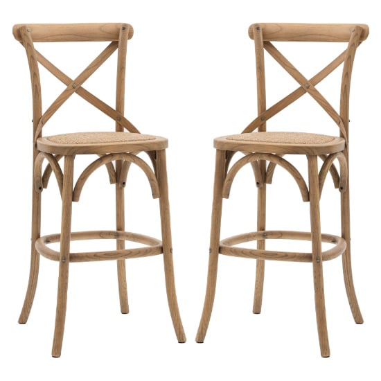 Photo of Caria natural wooden bar chairs with rattan seat in a pair