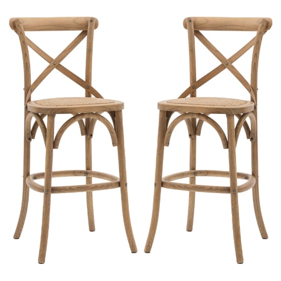 Read more about Caria natural wooden bar stools with rattan seat in pair