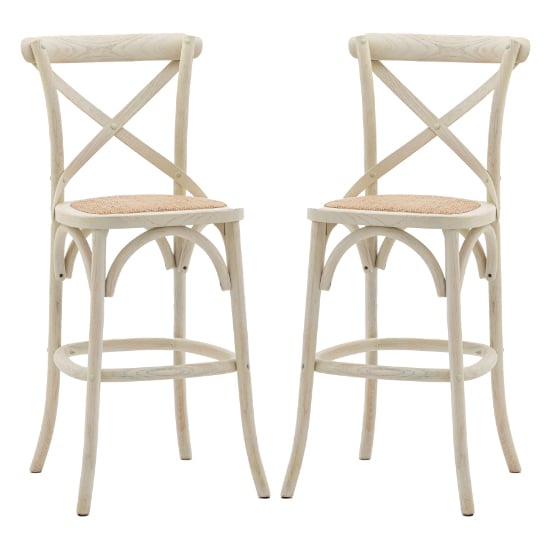 Product photograph of Caria White Wooden Bar Chairs With Rattan Seat In A Pair from Furniture in Fashion
