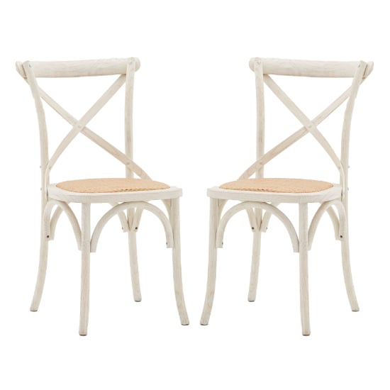 Read more about Caria white wooden dining chairs with rattan seat in pair