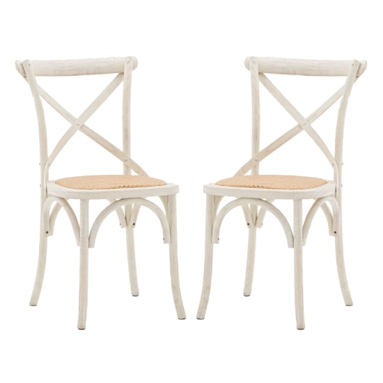 Product photograph of Caria White Wooden Dining Chairs With Rattan Seat In A Pair from Furniture in Fashion