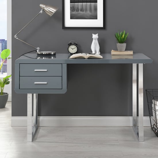 Carlo High Gloss Computer Desk In Grey With Chrome Legs_2