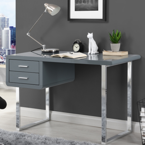 Carlo High Gloss Computer Desk In Grey With Chrome Legs