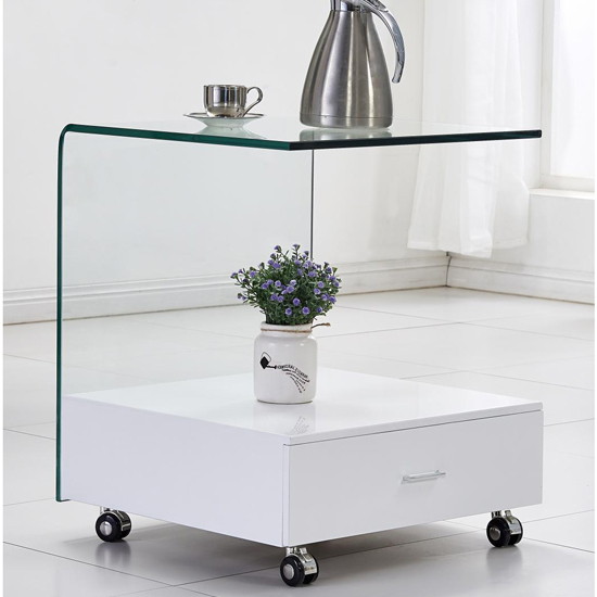 Product photograph of Carlota Clear Glass Lamp Table With White High Gloss Drawer from Furniture in Fashion