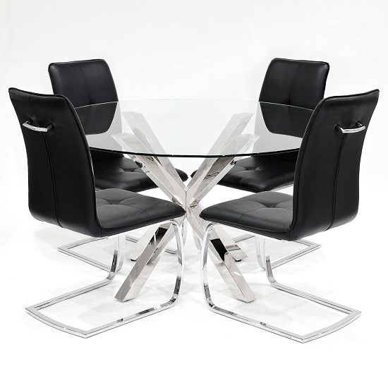 Carlow Glass Dining Table Round In Clear With 4 Black Chairs