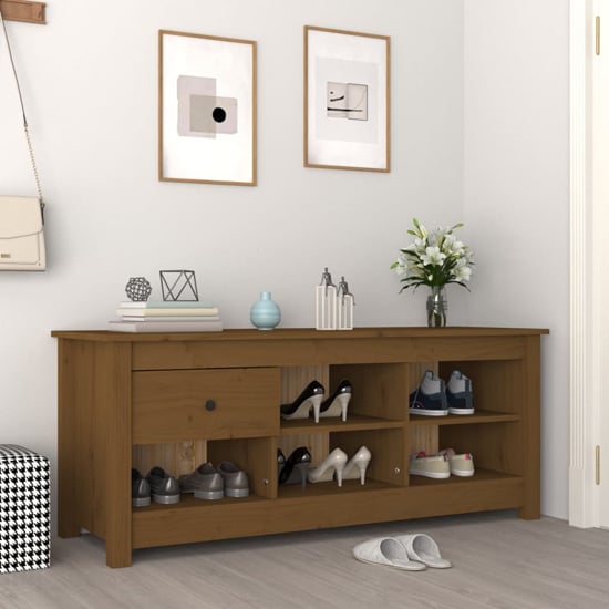 Read more about Carlsbad pinewood shoe storage bench in honey brown