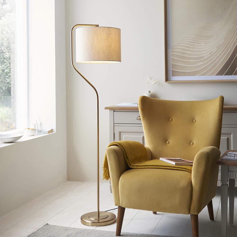 Carlton Fabric Floor Lamp In Brushed Aged Brass
