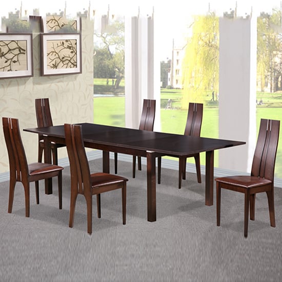 Carme Wooden Dining Set With 6 Beech Chairs In Dark Walnut