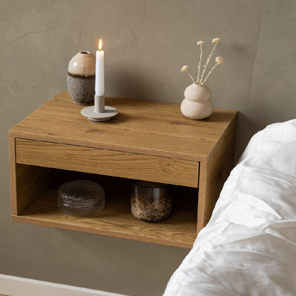 Read more about Carmel wall hung wooden bedside cabinet with 1 drawer in oak