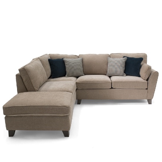 Carmela Fabric Left Corner Sofa In Almond With Wooden Legs