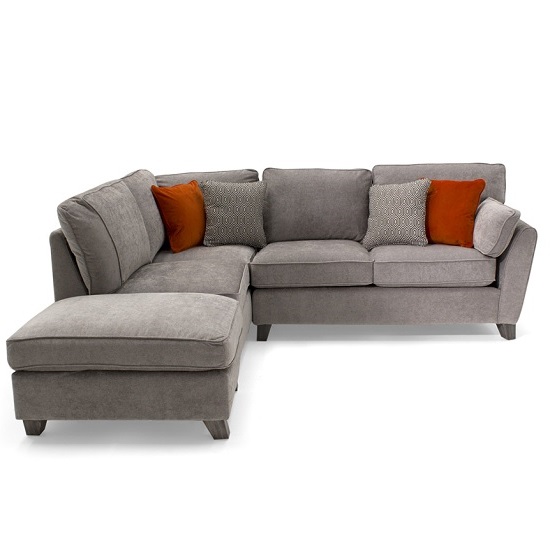Carmela Fabric Left Corner Sofa In Silver With Wooden Legs