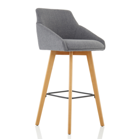 Carmen Grey Fabric High Bar Stool With Wooden Leg In A Pair