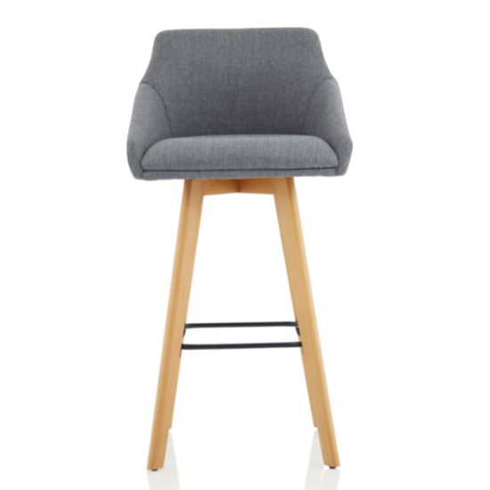 Carmen Grey Fabric High Bar Stool With Wooden Leg In A Pair