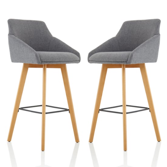 Read more about Carmen grey fabric high bar stool with wooden leg in a pair