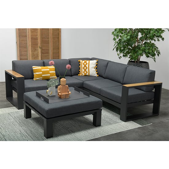 Product photograph of Carmo Fabric Corner Sofa With Footstool In Reflex Black from Furniture in Fashion