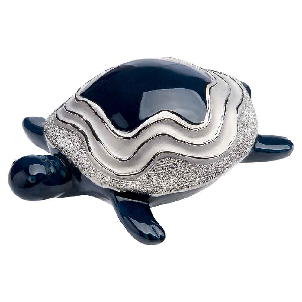 Carnation Large Ceramics Turtle Sculpture In Dark Blue And Silver