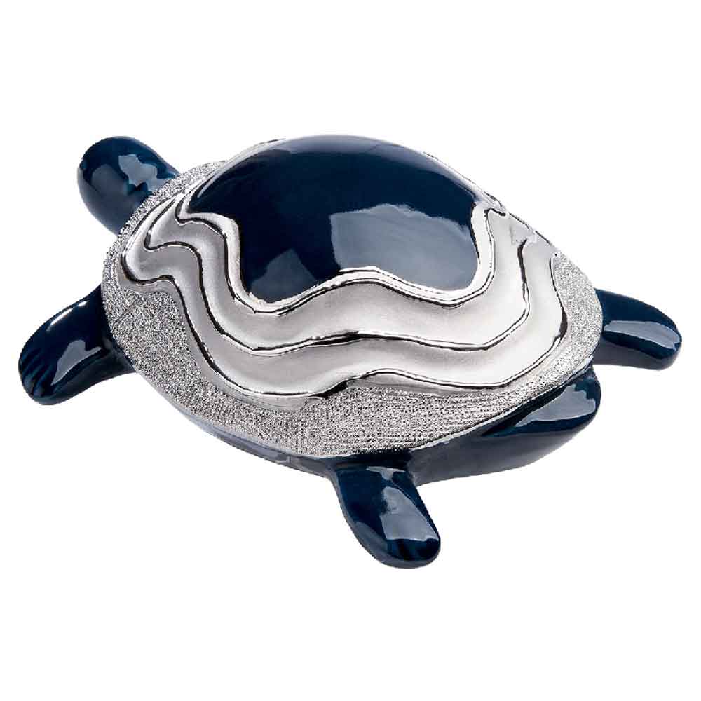 Carnation Large Ceramics Turtle Sculpture In Dark Blue And Silver