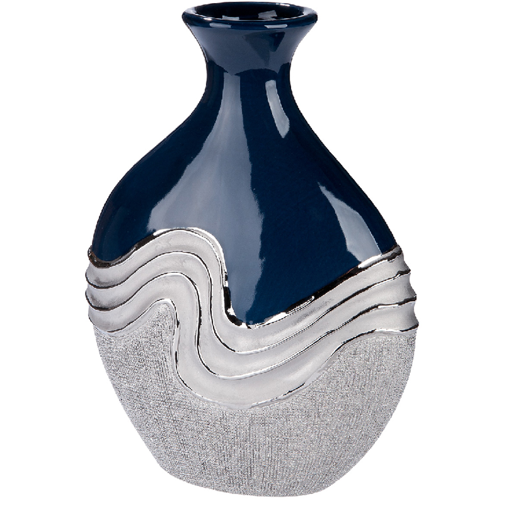Carnation Large Decorative Bottle Ceramic Vase in Blue and Silver