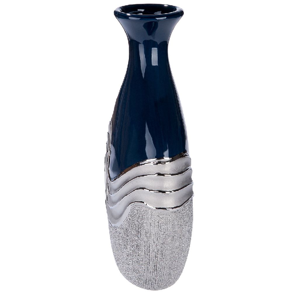 Carnation Large Decorative Bottle Ceramic Vase in Blue and Silver