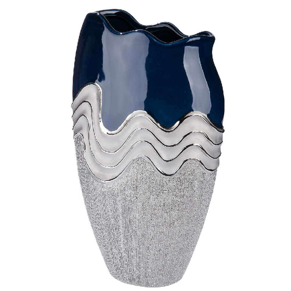 Carnation Large Decorative Ceramic Vase in Blue and Silver