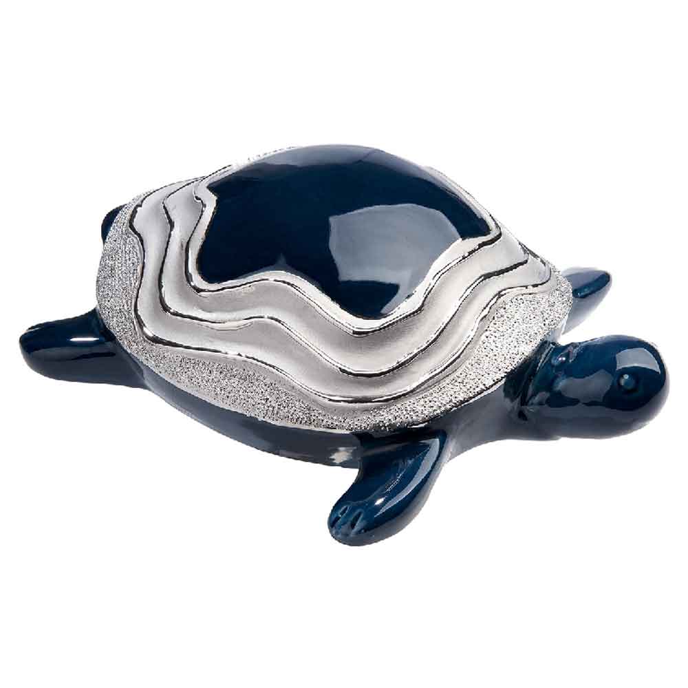 Carnation Small Ceramics Turtle Sculpture In Dark Blue And Silver