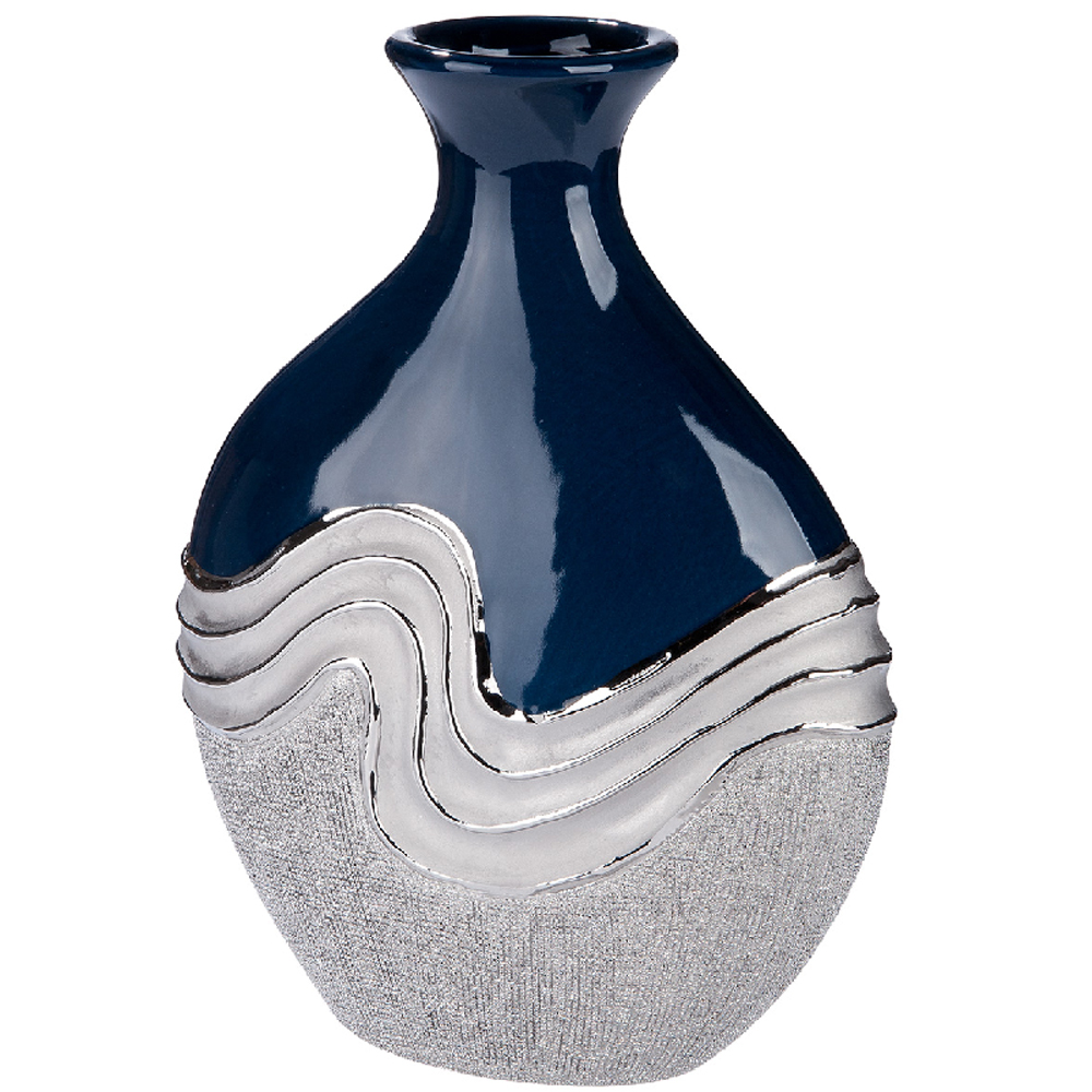 Carnation Small Decorative Bottle Ceramic Vase in Blue and Silver