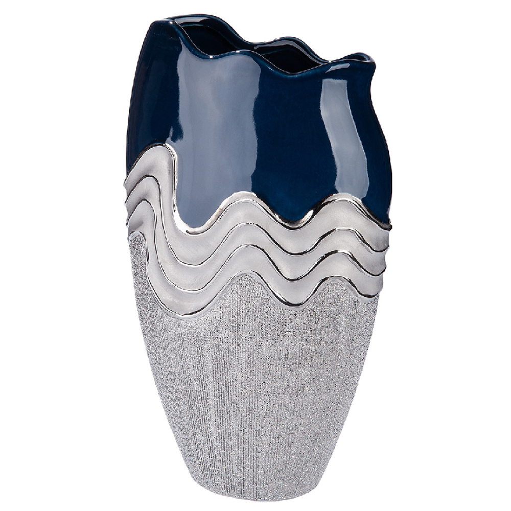 Carnation Small Decorative Ceramic Vase in Blue and Silver