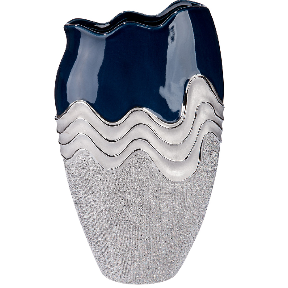 Carnation Small Decorative Ceramic Vase in Blue and Silver