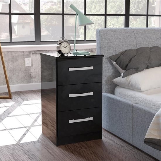 Photo of Carola bedside cabinet in black high gloss with 3 drawers