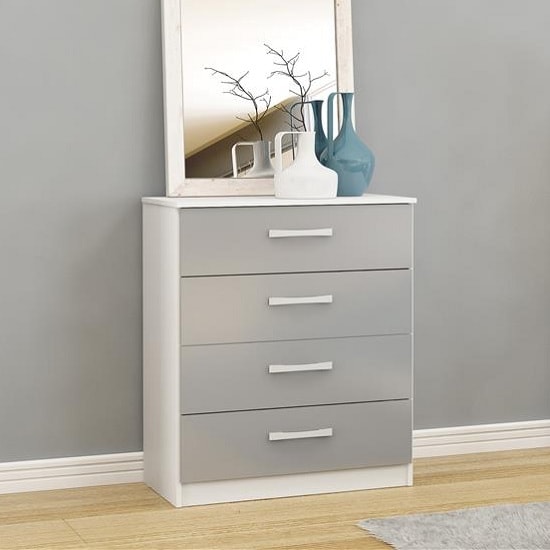 Photo of Carola chest of drawers in white grey high gloss with 4 drawers