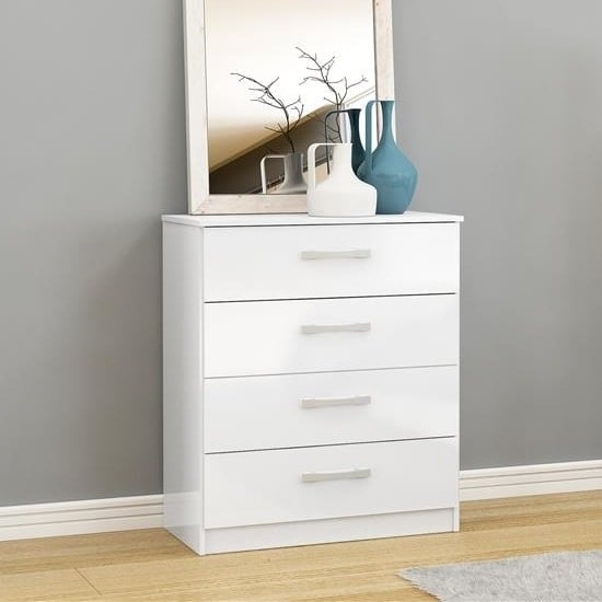 Photo of Carola chest of drawers in white high gloss with 4 drawers