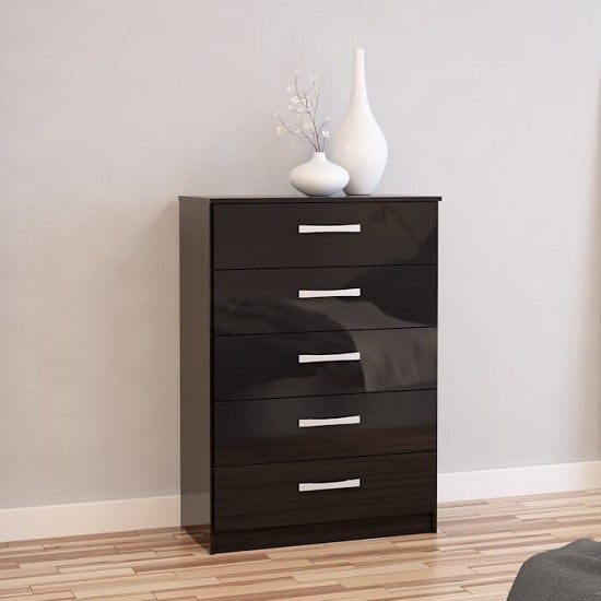 Photo of Carola chest of drawers in black high gloss with 5 drawers