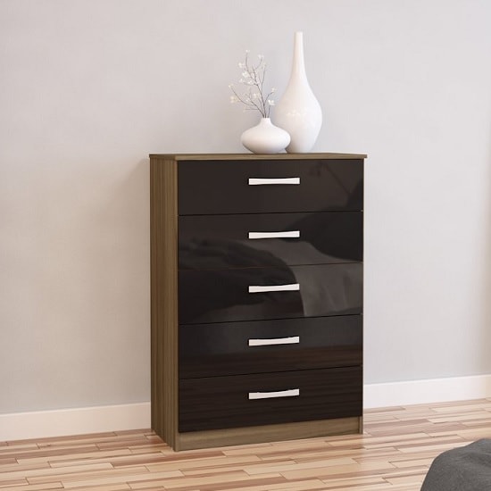 Photo of Carola chest of drawers in walnut black high gloss 5 drawers