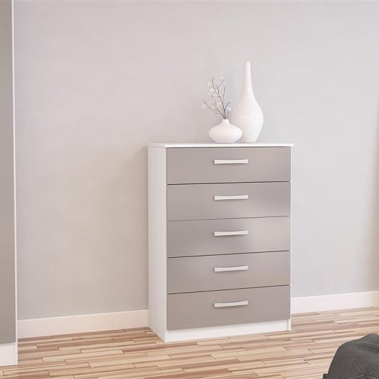 Photo of Carola chest of drawers in white grey high gloss with 5 drawers