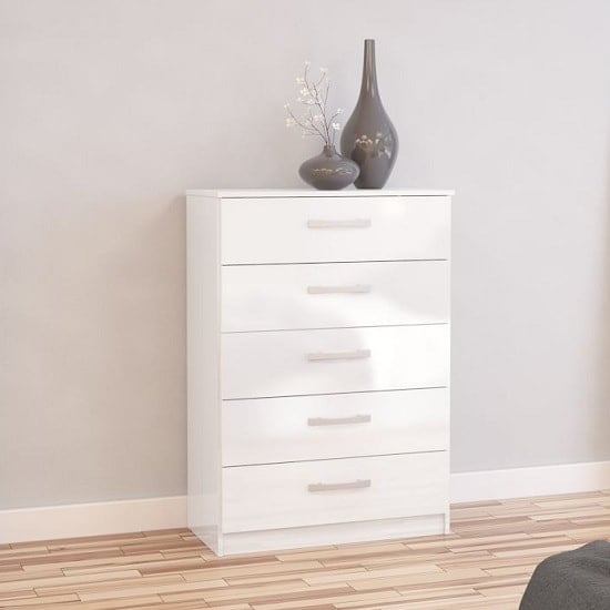 Photo of Carola chest of drawers in white high gloss with 5 drawers