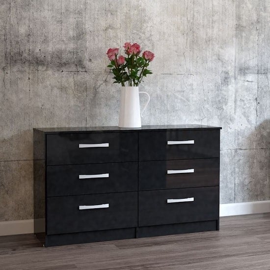 Photo of Carola chest of drawers in black high gloss with 6 drawers