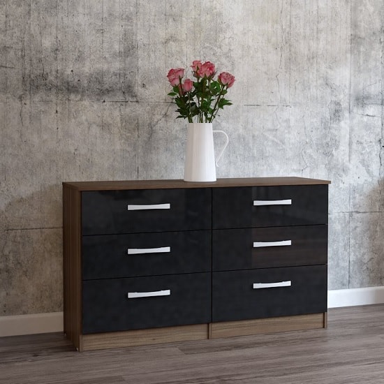 Photo of Carola chest of drawers in walnut black high gloss 6 drawers