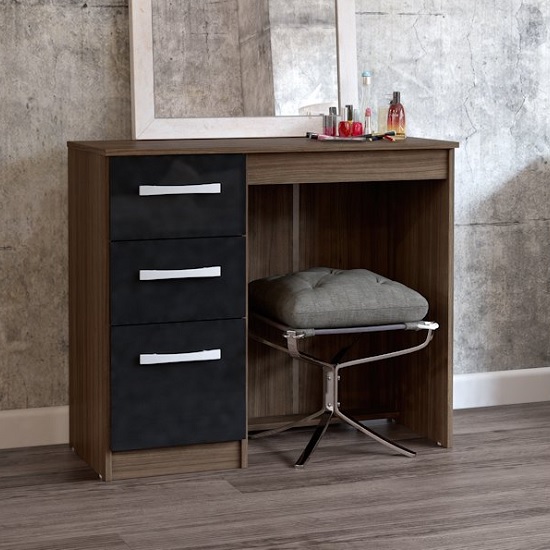 Carola Dressing Table In Walnut Black High Gloss And 3 Drawers