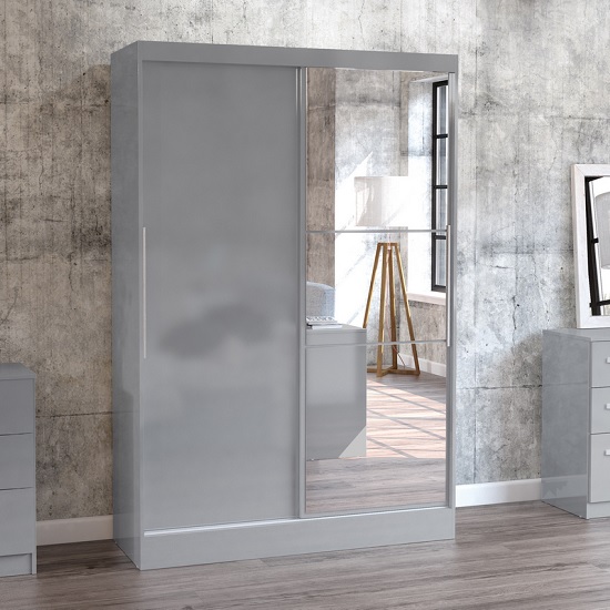 Photo of Carola mirrored sliding wardrobe in grey high gloss with 2 doors