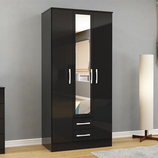 Photo of Carola mirrored wardrobe in black high gloss with 3 doors