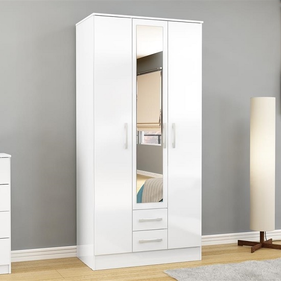 Photo of Carola mirrored wardrobe in white high gloss with 3 doors