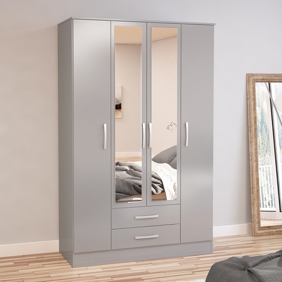 Photo of Carola mirrored wardrobe in grey high gloss with 4 doors