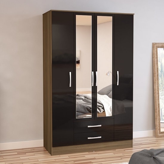 Read more about Carola 4 doors mirrored wardrobe in walnut and black high gloss