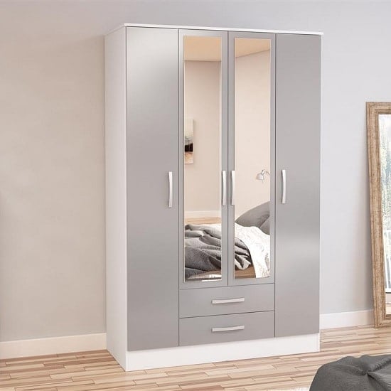 Photo of Carola 4 doors mirrored wardrobe in white and grey high gloss