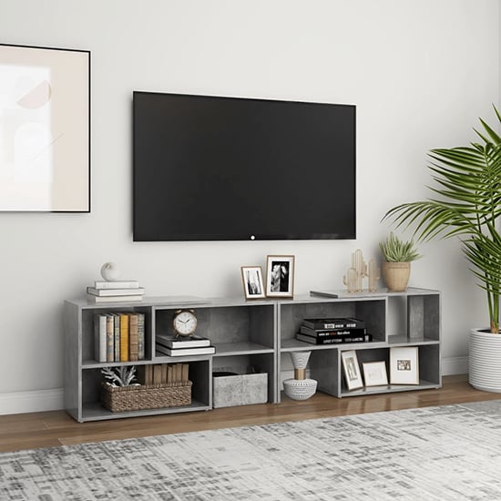 Photo of Carolus wooden tv stand with shelves in concrete effect