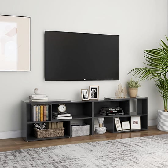 Read more about Carolus wooden tv stand with shelves in grey