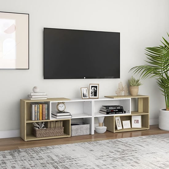 Photo of Carolus wooden tv stand with shelves in white sonoma oak