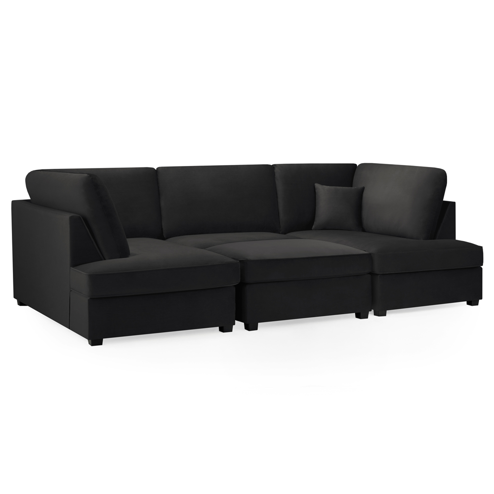 Caronia Plush Velvet U Shaped Corner Sofa In Black