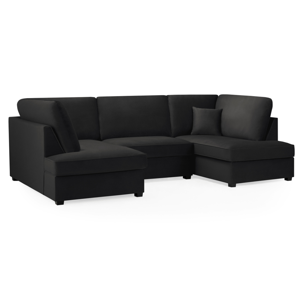 Caronia Plush Velvet U Shaped Corner Sofa In Black