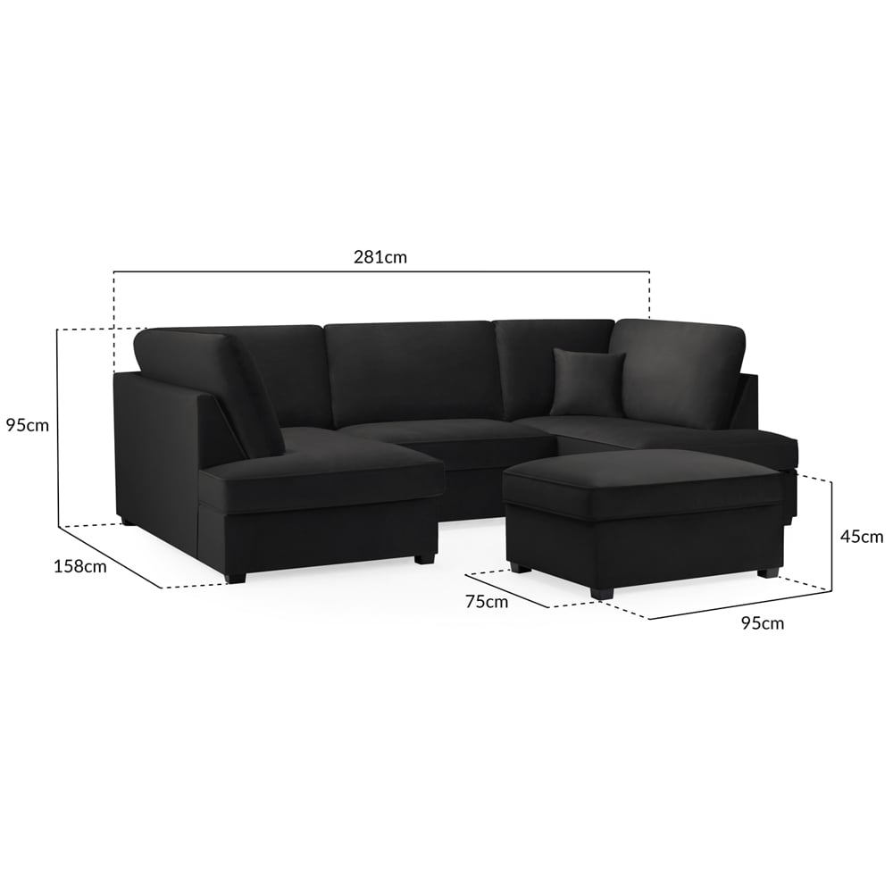 Caronia Plush Velvet U Shaped Corner Sofa In Black